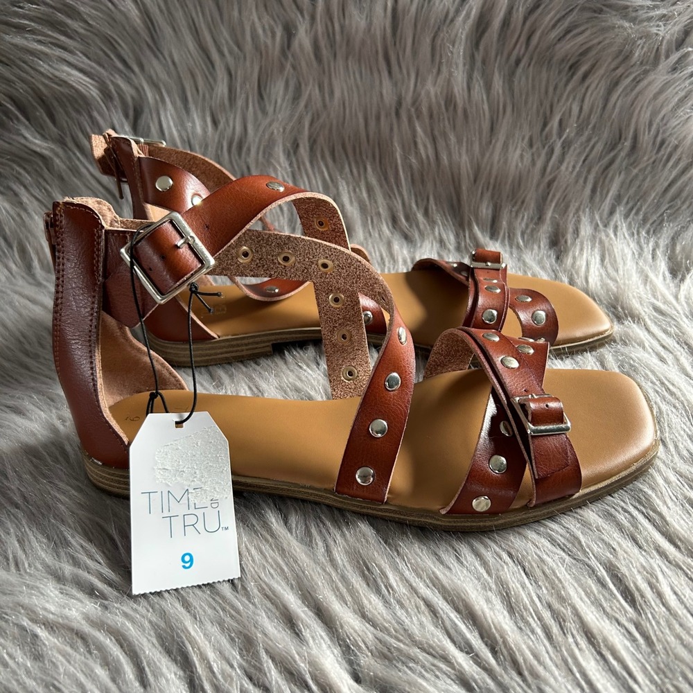 Time And Tru Gladiator Sandals Womens Size 9 Brown Open Toe Shoes Memory Foam